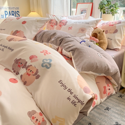 盛秋家纺 2025新款水洗棉印花四件套-卡通系列 情侣猫+猫爪
