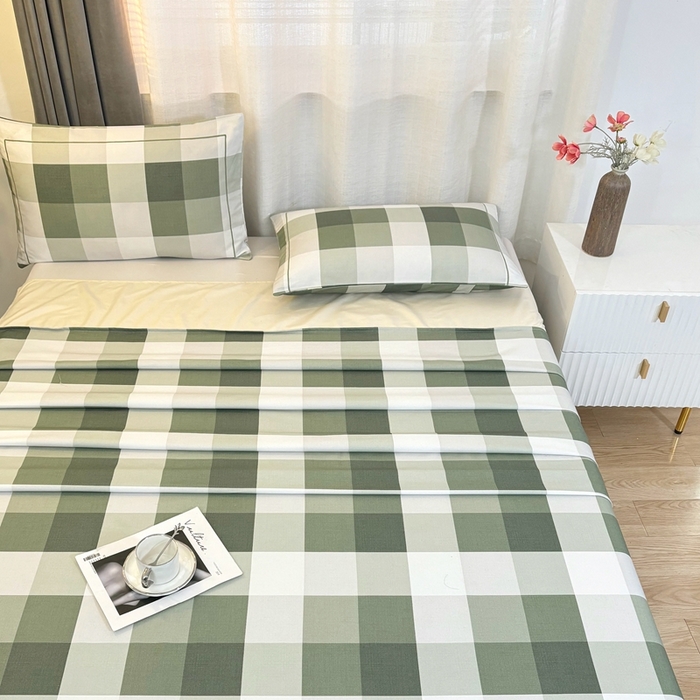 91家纺网 家纺一手货源 找家纺 伊而梦蚊帐 2025新款A类老粗布抗菌床单 大方格-绿