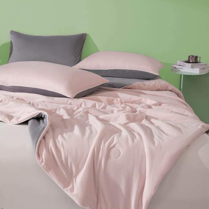 91家纺网 家纺一手货源 找家纺 吾诺 2025 针织棉夏被双拼色大豆夏被子被芯夏凉被空调被 浅粉-岩灰