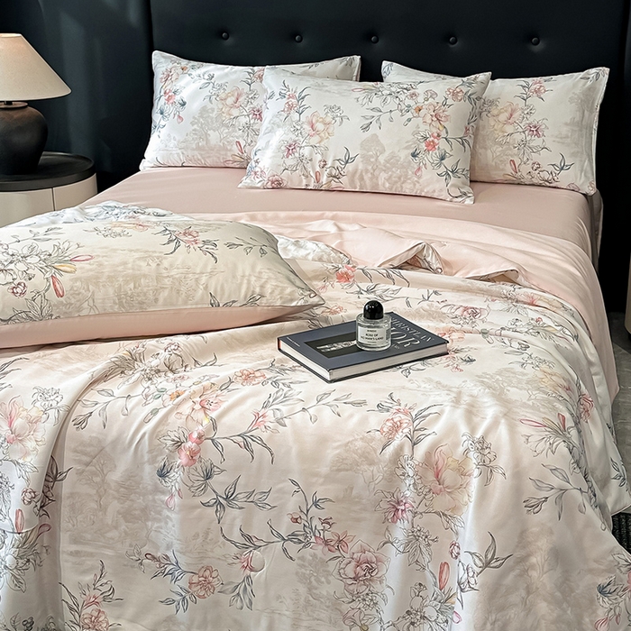 91家纺网 家纺一手货源 找家纺 慕晨 2025春夏新品莱赛尔天丝数码印花四件套莱赛尔夏被四件套天丝夏凉被直播热款 繁华-白