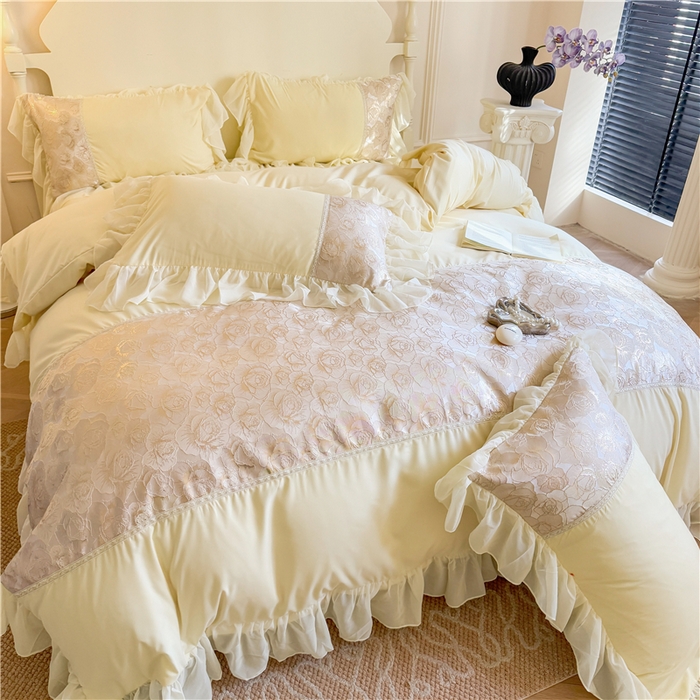 91家纺网 家纺一手货源 找家纺 富盛 2025新款水洗亲肤棉浮雕提花公主风四件套 月光恋人-黄