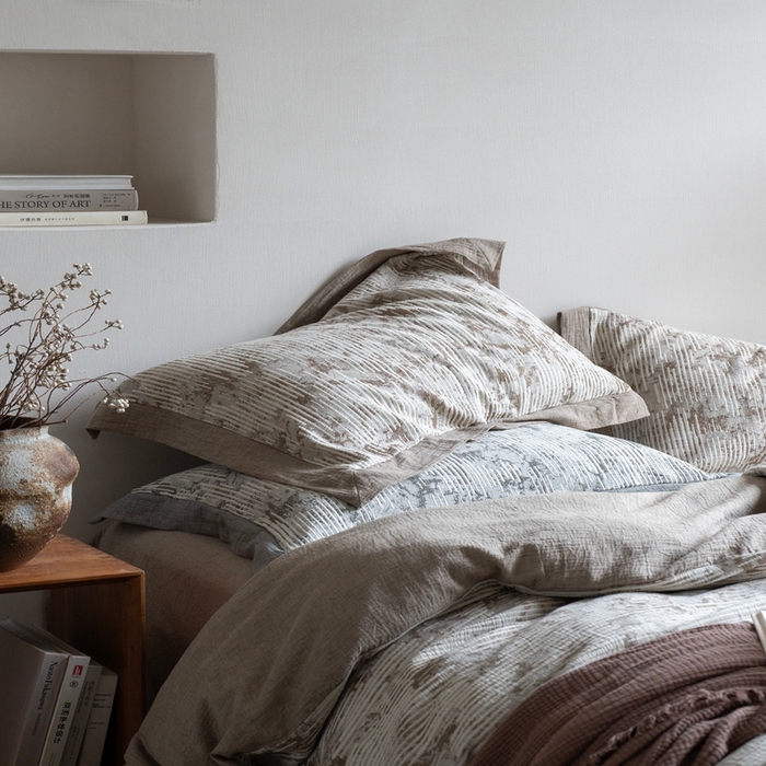 91家纺网 家纺一手货源 找家纺 璞素2025新款全棉色织三层纱四件套-松隐 松隐咖