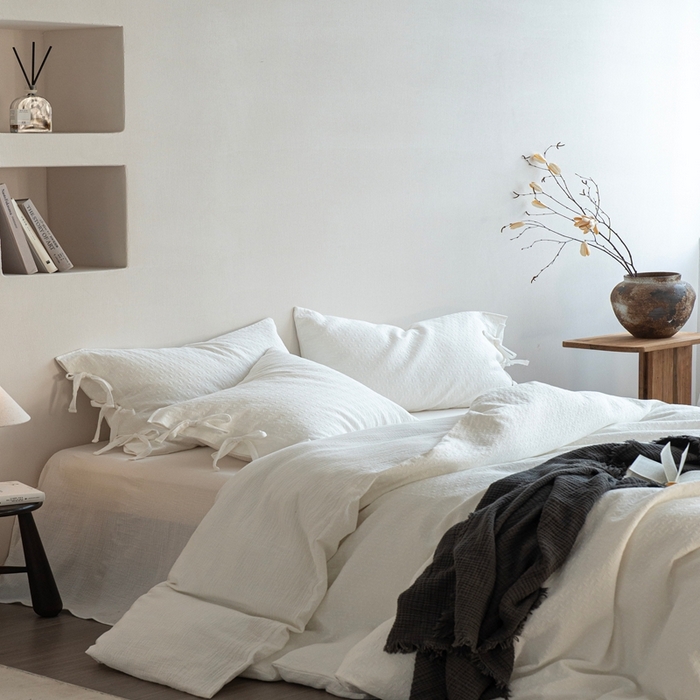 91家纺网 家纺一手货源 找家纺 （总）璞素2025新款全棉色织三层纱四件套-半谷·清荷