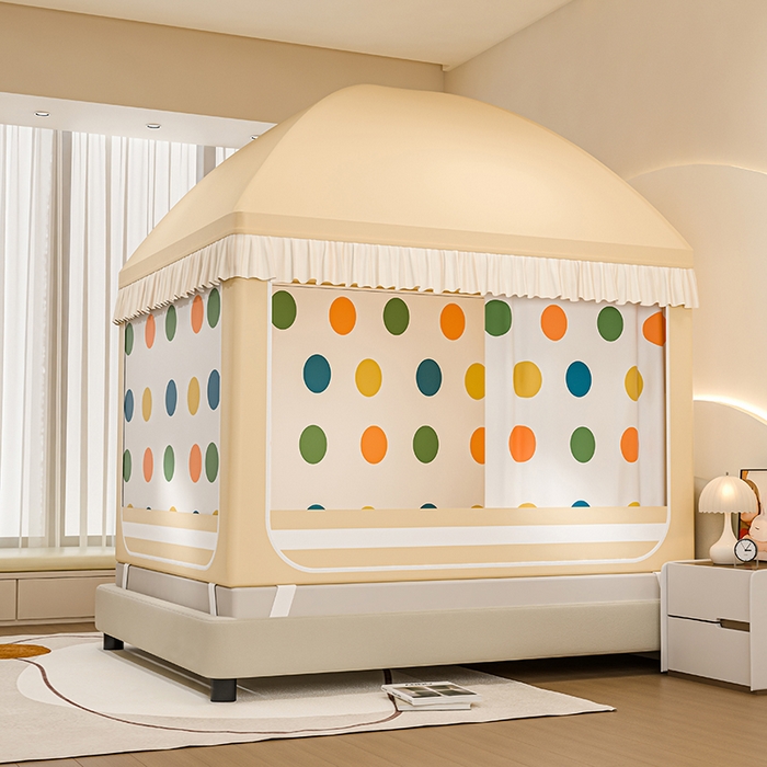 91家纺网 家纺一手货源 找家纺 冉美家纺 2025新款屋顶式遮光防尘防摔蚊帐 多彩点点-香槟