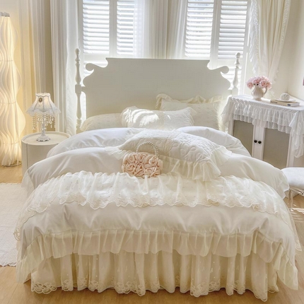 91家纺网 家纺一手货源 找家纺 （总）恋尚 2025新款韩式蕾丝丝光棉夹棉床裙四件套