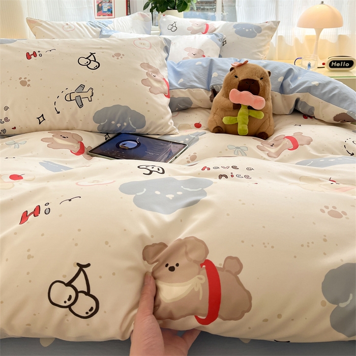 91家纺网 家纺一手货源 找家纺 盛秋家纺 2025新款水洗棉印花四件套-卡通系列 开心乐园+蓝爱心