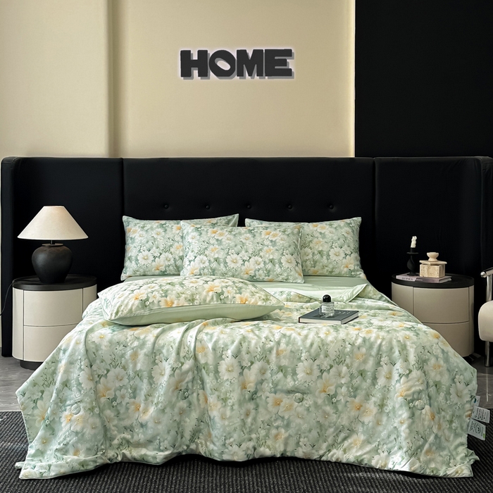 91家纺网 家纺一手货源 找家纺 慕晨 2025春夏新品莱赛尔天丝数码印花四件套莱赛尔夏被四件套天丝夏凉被直播热款 芳馨-绿