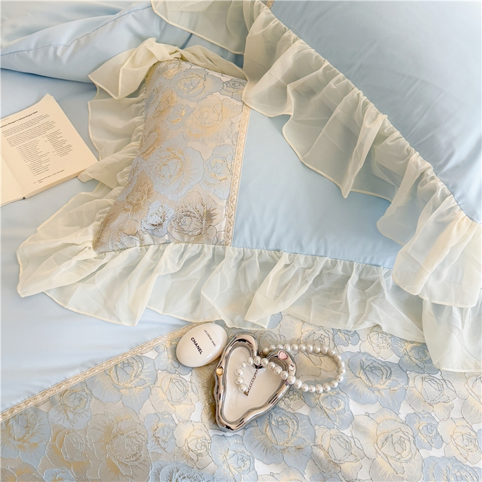 91家纺网 家纺一手货源 找家纺 富盛 2025新款水洗亲肤棉浮雕提花公主风四件套 月光恋人-蓝