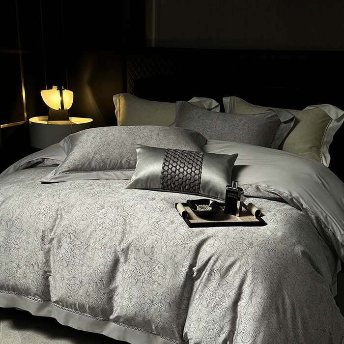 91家纺网 家纺一手货源 找家纺 涞澳家纺 2025新款天丝棉色织提花四件套 雨果-灰