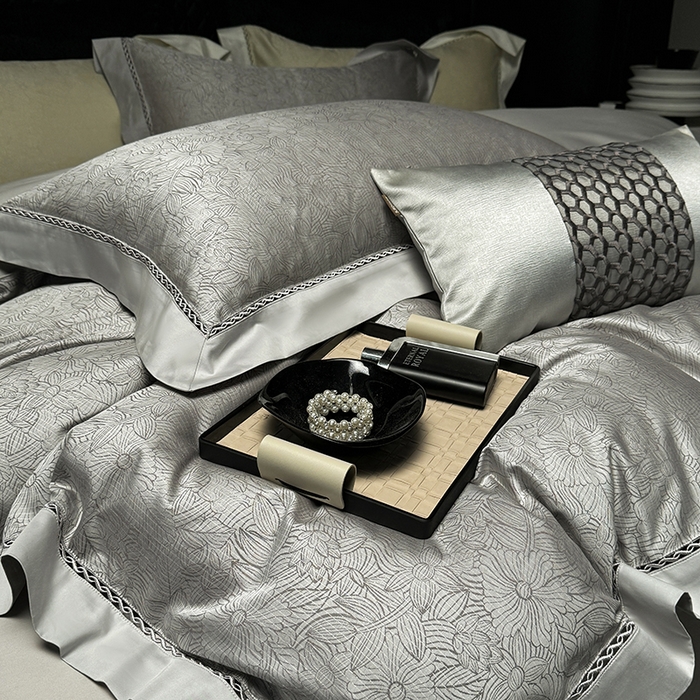 91家纺网 家纺一手货源 找家纺 涞澳家纺 2025新款天丝棉色织提花四件套 雨果-灰