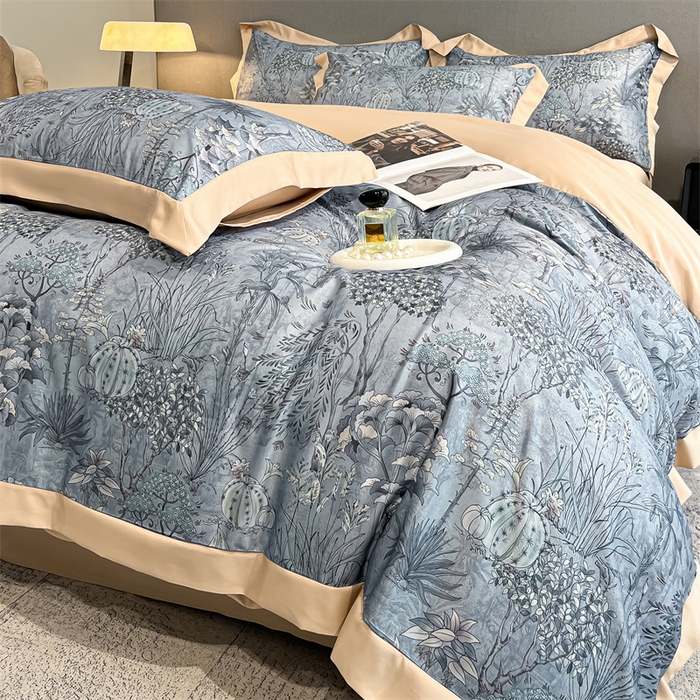 91家纺网 家纺一手货源 找家纺 笙意家纺 2025新款水洗冰丝数码印花宽边四件套 妙然-卡其