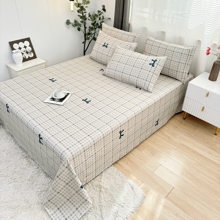 91家纺网 家纺一手货源 找家纺 伊而梦蚊帐 2025新款A类老粗布抗菌床单 条格结-米