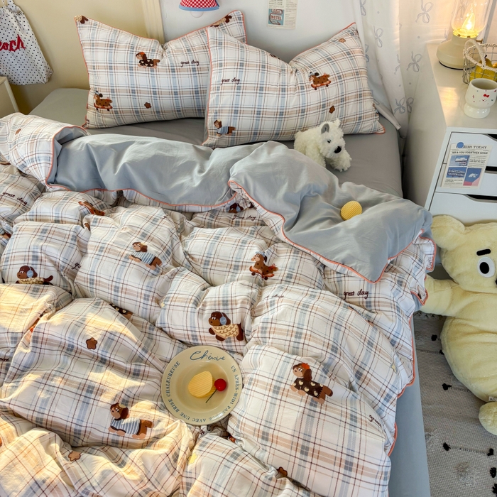 91家纺网 家纺一手货源 找家纺 潮邦创意家居 2025新款云柔棉立体嵌绳款小清新四件套 蓝格萌趣