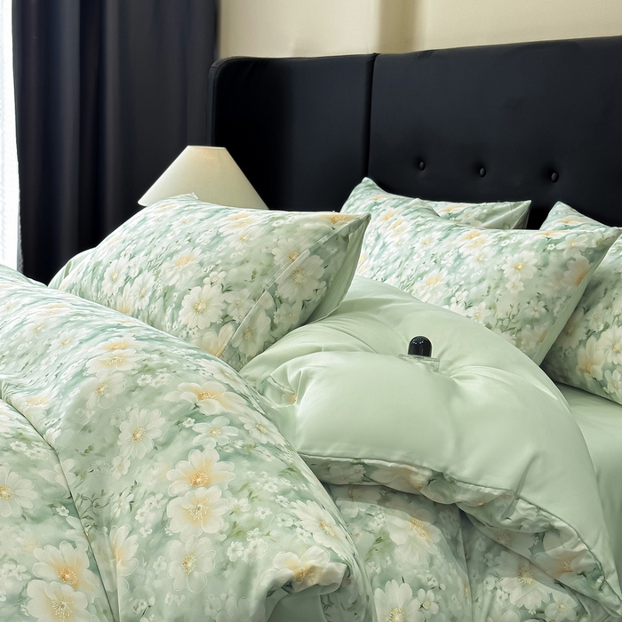 91家纺网 家纺一手货源 找家纺 慕晨 2025春夏新品莱赛尔天丝数码印花四件套莱赛尔夏被四件套天丝夏凉被直播热款 芳馨-绿