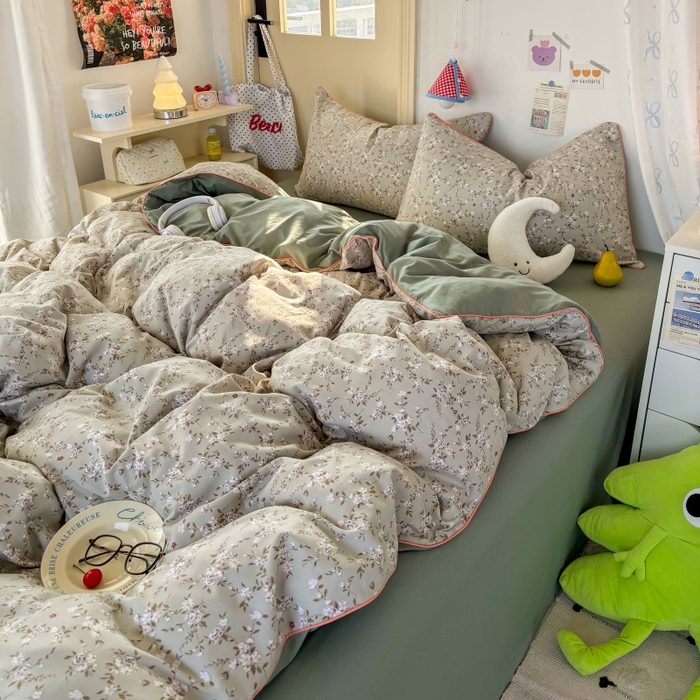 91家纺网 家纺一手货源 找家纺 潮邦创意家居 2025新款云柔棉立体嵌绳款小清新四件套 梦幻绿野