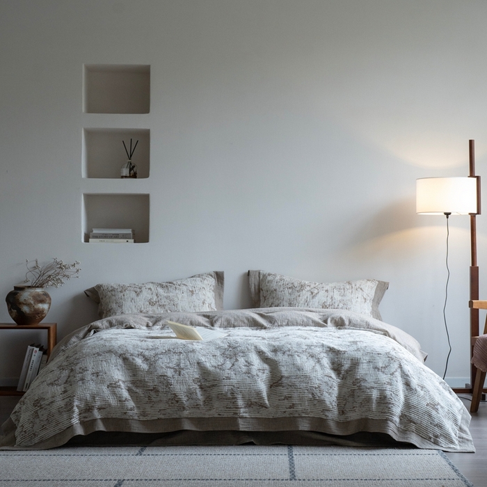 91家纺网 家纺一手货源 找家纺 璞素2025新款全棉色织三层纱四件套-松隐 松隐咖