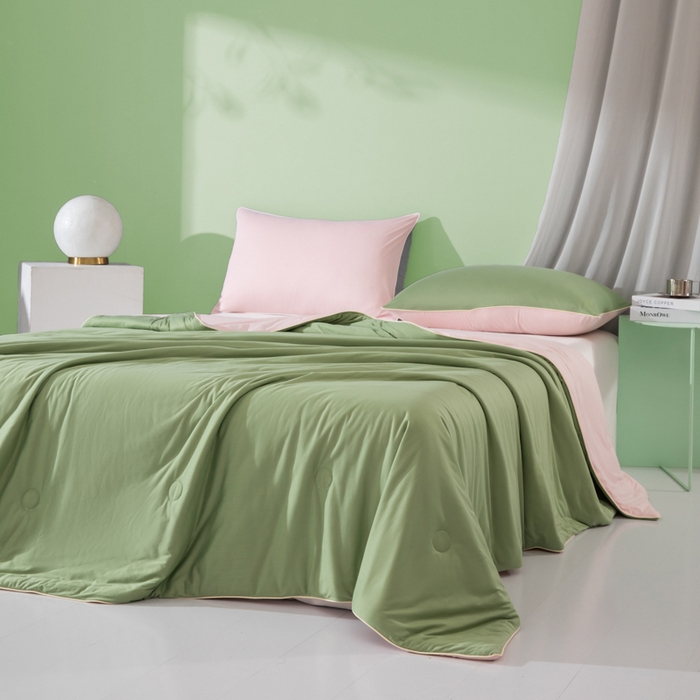 91家纺网 家纺一手货源 找家纺 吾诺 2025 针织棉夏被双拼色大豆夏被子被芯夏凉被空调被 豆绿-浅粉