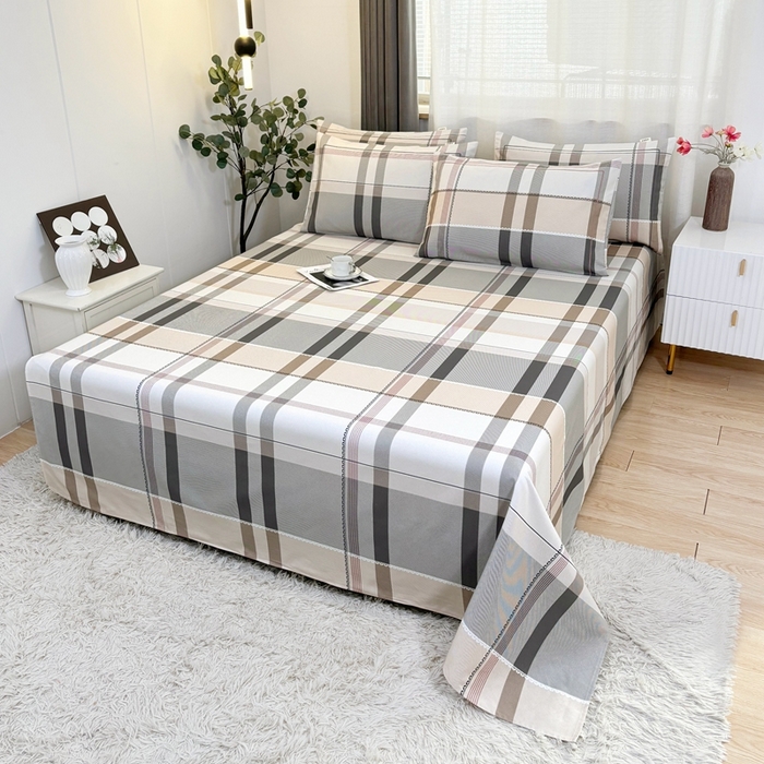 91家纺网 家纺一手货源 找家纺 伊而梦蚊帐 2025新款A类老粗布抗菌床单 时尚格-咖