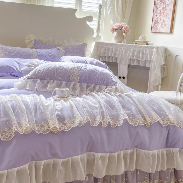 91家纺网 家纺一手货源 找家纺 恋尚 2025新款韩式蕾丝丝光棉夹棉床裙四件套 蜜芙-香芋紫