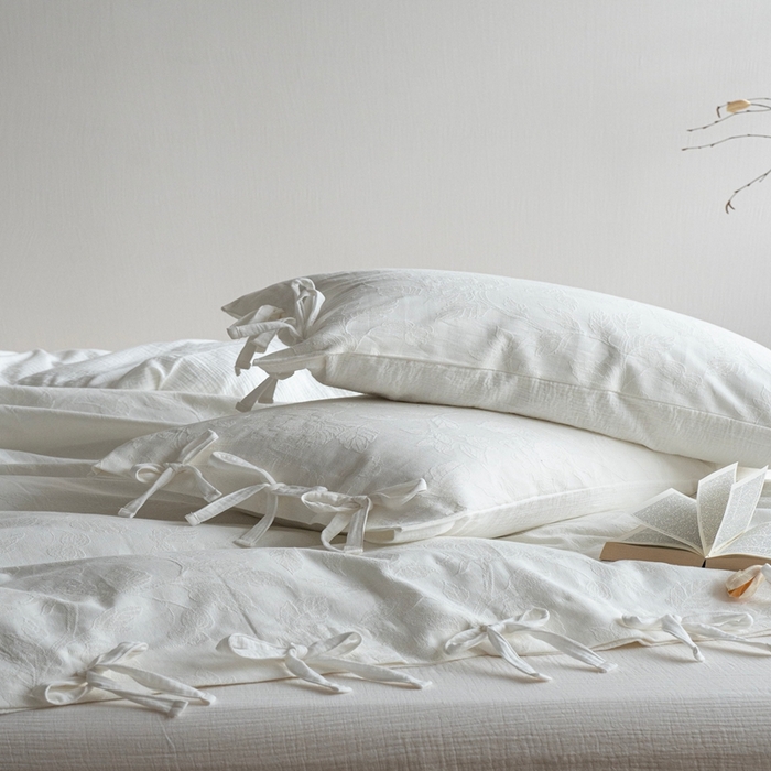 91家纺网 家纺一手货源 找家纺 璞素2025新款全棉色织三层纱四件套-半谷·清荷 清荷