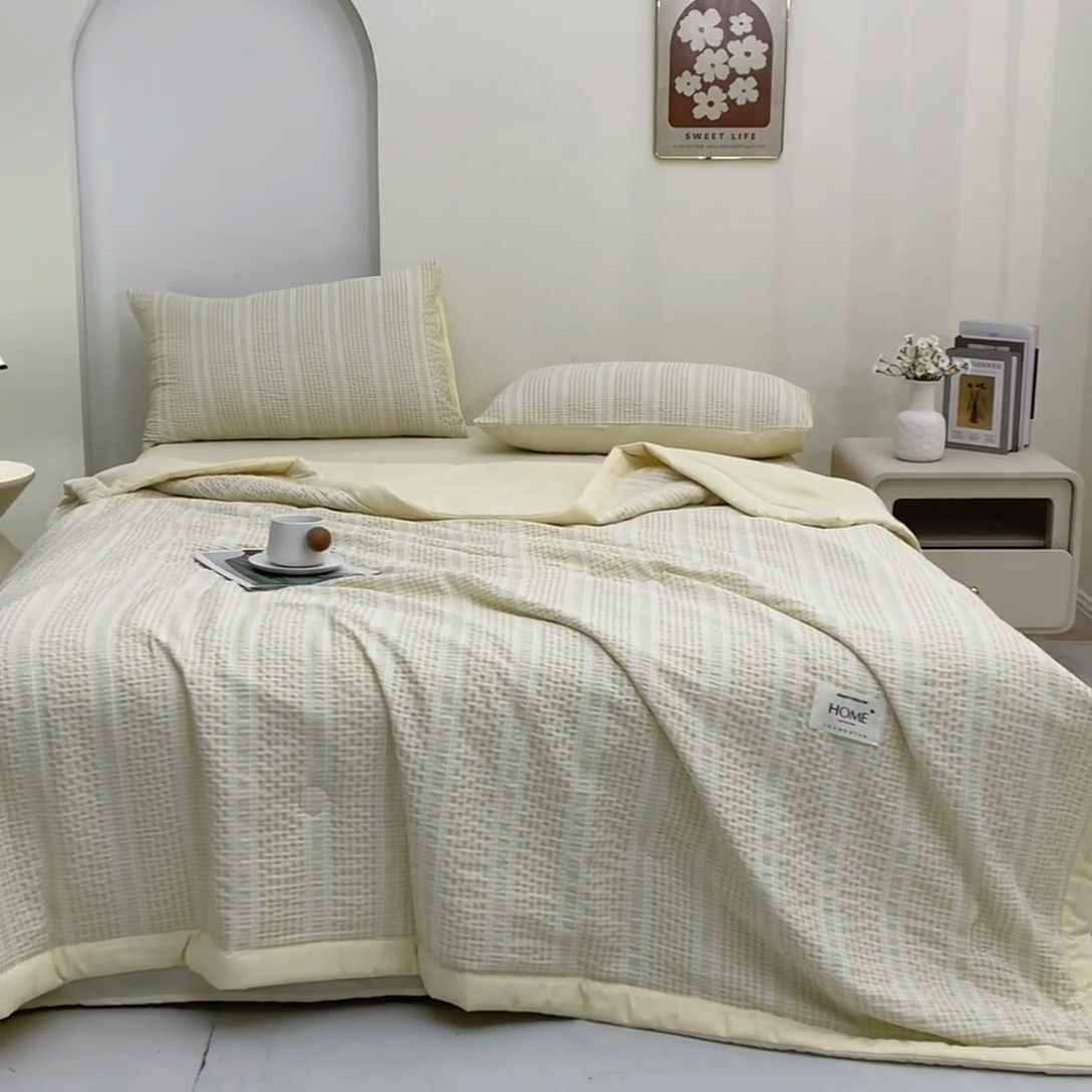 91家纺网 家纺一手货源 找家纺 吾诺 2025 韩式立体提花公主格大豆夏被子被芯夏凉被夏被四件套 公主格-黄