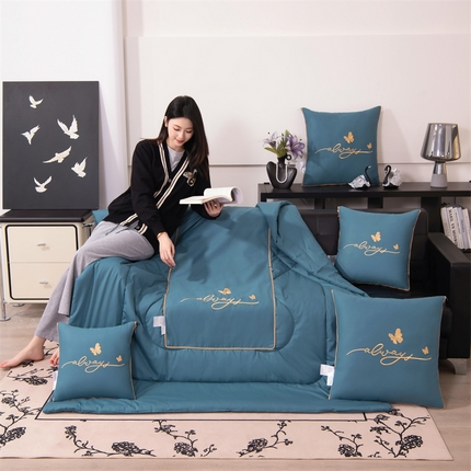 照世家纺 2025新款柔软透气全棉抱枕被-蝶影 蝶影-湖蓝