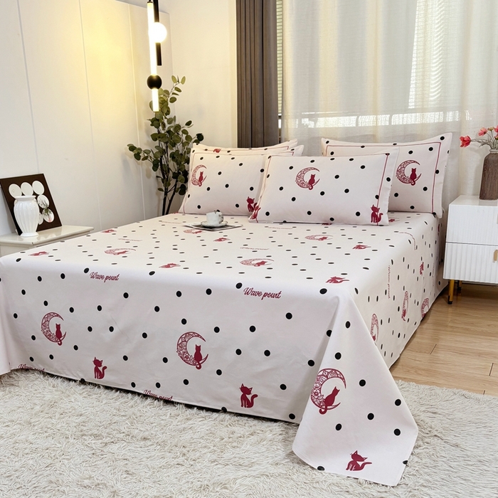 91家纺网 家纺一手货源 找家纺 伊而梦蚊帐 2025新款A类老粗布抗菌床单 波点猫-红