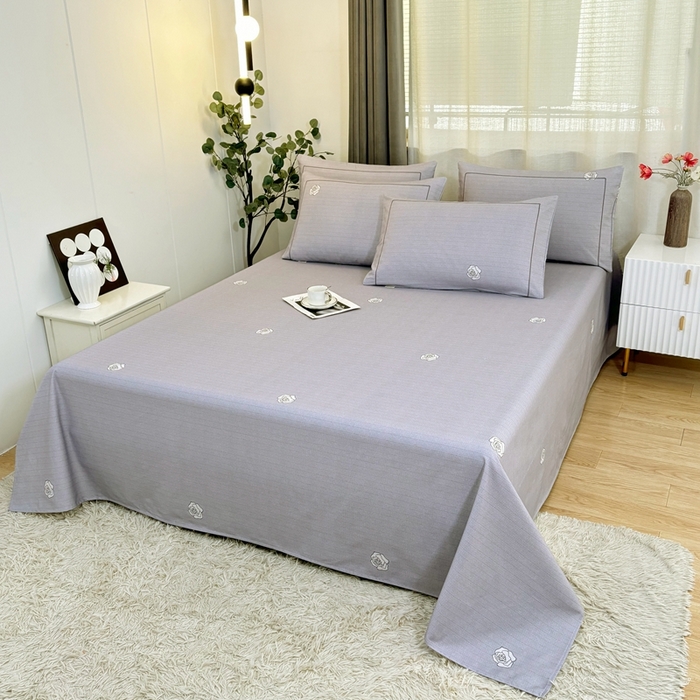 91家纺网 家纺一手货源 找家纺 伊而梦蚊帐 2025新款A类老粗布抗菌床单 玫瑰线-灰