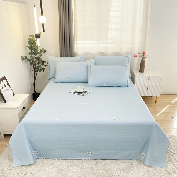 91家纺网 家纺一手货源 找家纺 伊而梦蚊帐 2025新款A类老粗布抗菌床单 玫瑰线-蓝