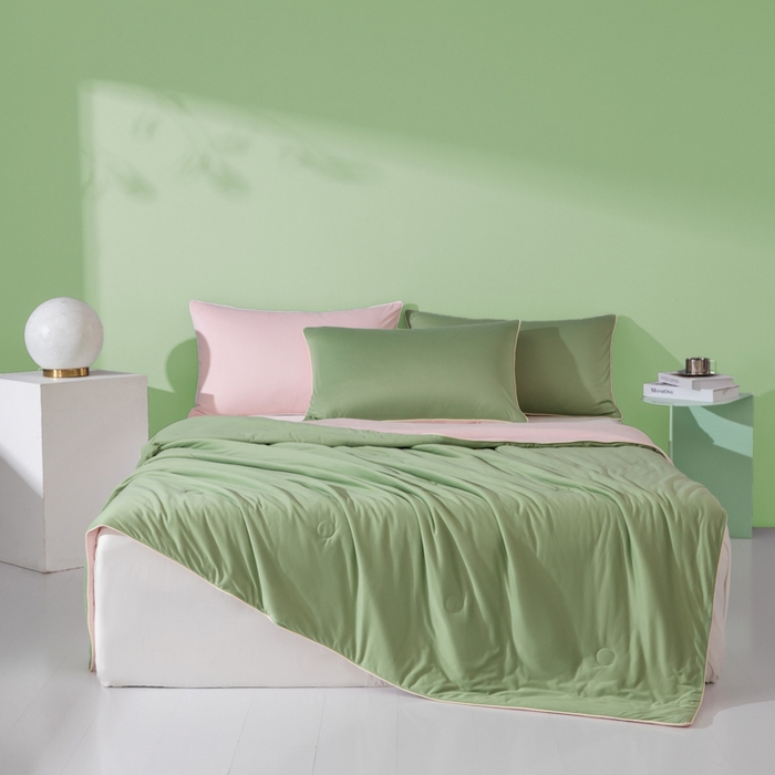 91家纺网 家纺一手货源 找家纺 吾诺 2025 针织棉夏被双拼色大豆夏被子被芯夏凉被空调被 豆绿-浅粉