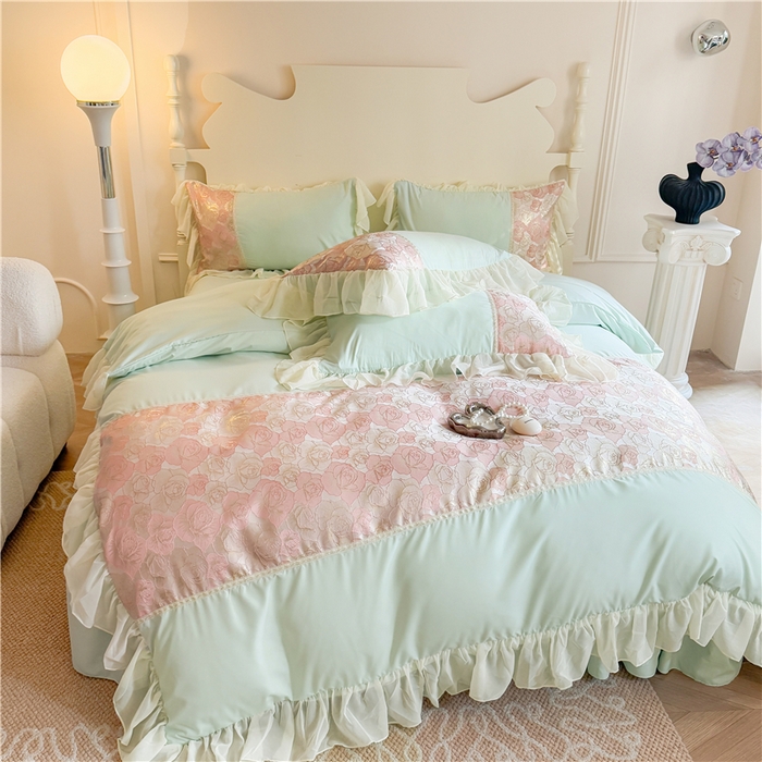 91家纺网 家纺一手货源 找家纺 富盛 2025新款水洗亲肤棉浮雕提花公主风四件套 月光恋人-绿