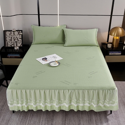 青雅席业 2025新款7A抗菌母婴级纯乙纶PE刺绣凉感丝豆豆席 床裙款 字母爱心-水绿