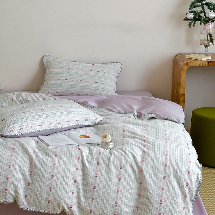 91家纺网 家纺一手货源 找家纺 觅糖家纺 2025新款色织提花贝壳边三角针系列四件套 温柔郁金香