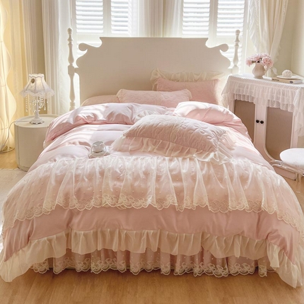 91家纺网 家纺一手货源 找家纺 （总）恋尚 2025新款韩式蕾丝丝光棉夹棉床裙四件套