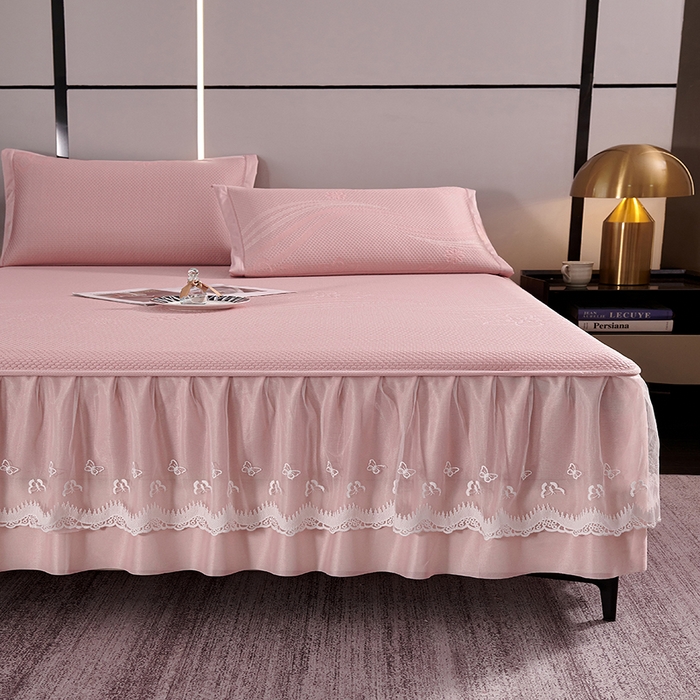 91家纺网 家纺一手货源 找家纺 青雅席业 2025新款7A抗菌母婴级纯乙纶PE刺绣凉感丝豆豆席 床裙款 浪花-粉