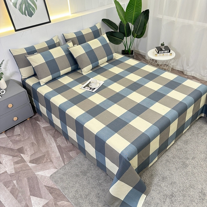 91家纺网 家纺一手货源 找家纺 伊而梦蚊帐 2025新款原棉老粗布床单 蓝灰格