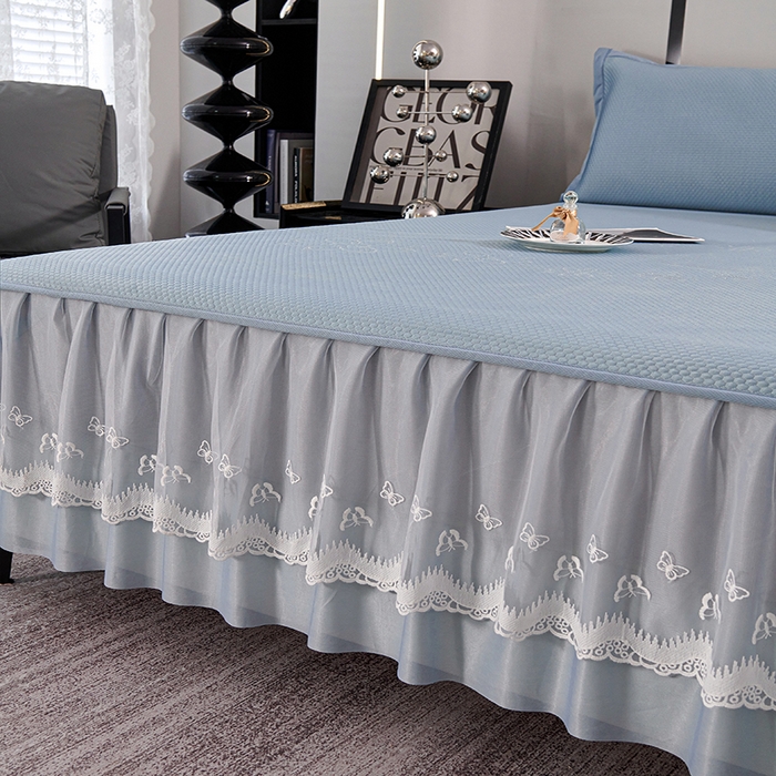 91家纺网 家纺一手货源 找家纺 青雅席业 2025新款7A抗菌母婴级纯乙纶PE刺绣凉感丝豆豆席 床裙款 浪花-蓝