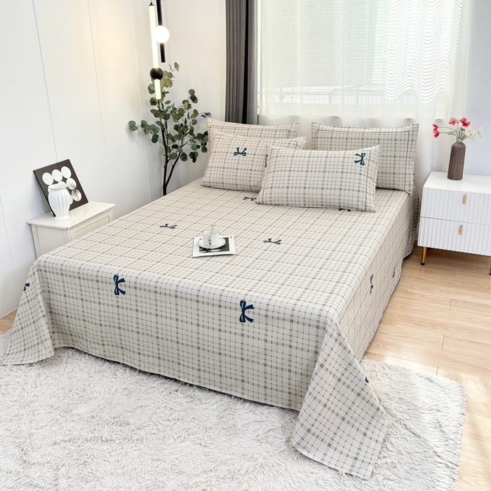 91家纺网 家纺一手货源 找家纺 伊而梦蚊帐 2025新款A类老粗布抗菌床单 条格结-米