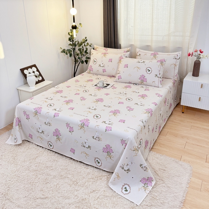 91家纺网 家纺一手货源 找家纺 伊而梦蚊帐 2025新款A类老粗布抗菌床单 花束兔-粉