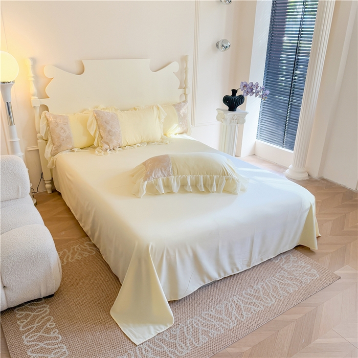 91家纺网 家纺一手货源 找家纺 富盛 2025新款水洗亲肤棉浮雕提花公主风四件套 月光恋人-黄