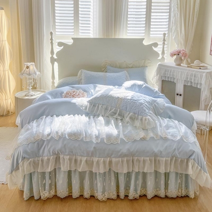 91家纺网 家纺一手货源 找家纺 （总）恋尚 2025新款韩式蕾丝丝光棉夹棉床裙四件套