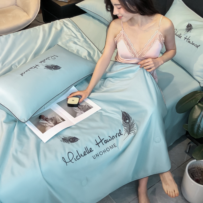 91家纺网 家纺一手货源 找家纺 吾诺 2025 双拼及羽毛刺绣夏被四件套绣花夏被水洗天丝夏被水洗真丝夏凉被空调被 羽毛-梵星蓝