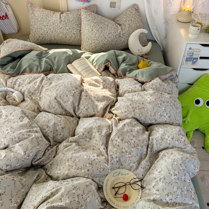 91家纺网 家纺一手货源 找家纺 潮邦创意家居 2025新款云柔棉立体嵌绳款小清新四件套 梦幻绿野