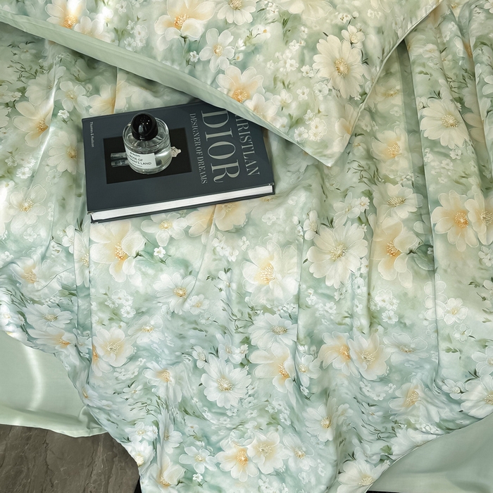 91家纺网 家纺一手货源 找家纺 慕晨 2025春夏新品莱赛尔天丝数码印花四件套莱赛尔夏被四件套天丝夏凉被直播热款 芳馨-绿