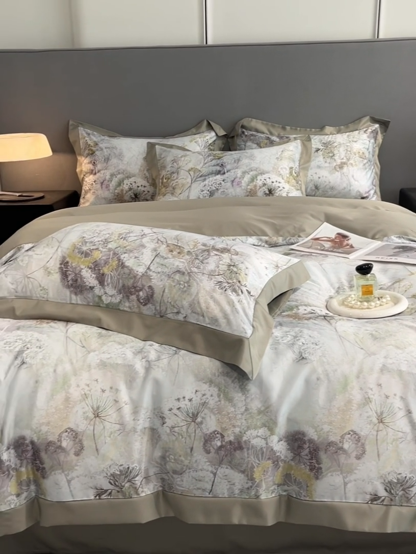 91家纺网 家纺一手货源 找家纺 笙意家纺 2025新款水洗冰丝数码印花宽边四件套 秋雅