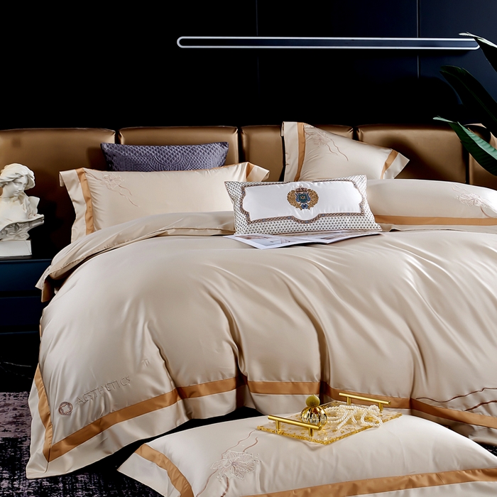 91家纺网 家纺一手货源 找家纺 U品汇 2025新款60支天丝棉莱赛尔纤维刺绣花四件套纯棉全棉凉感丝滑礼盒包装（西雅图） 西雅图-香槟色