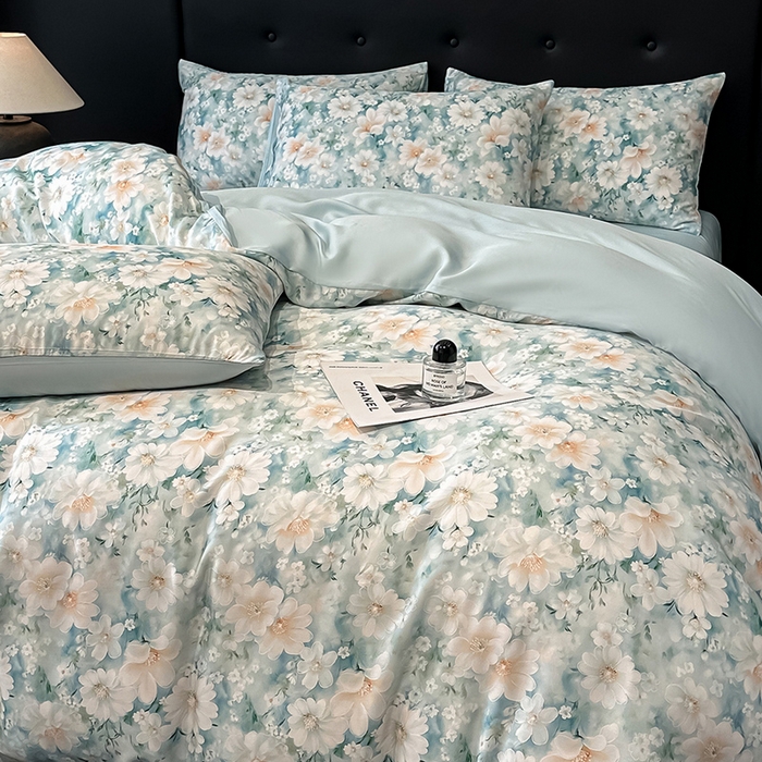 91家纺网 家纺一手货源 找家纺 慕晨 2025春夏新品莱赛尔天丝数码印花四件套莱赛尔夏被四件套天丝夏凉被直播热款 芳馨-兰