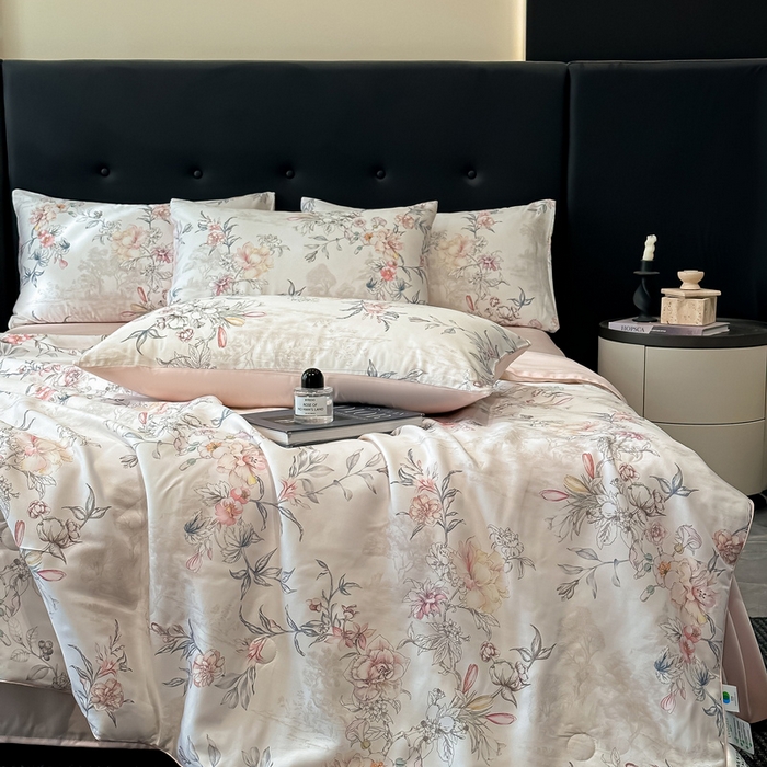 91家纺网 家纺一手货源 找家纺 慕晨 2025春夏新品莱赛尔天丝数码印花四件套莱赛尔夏被四件套天丝夏凉被直播热款 繁华-白
