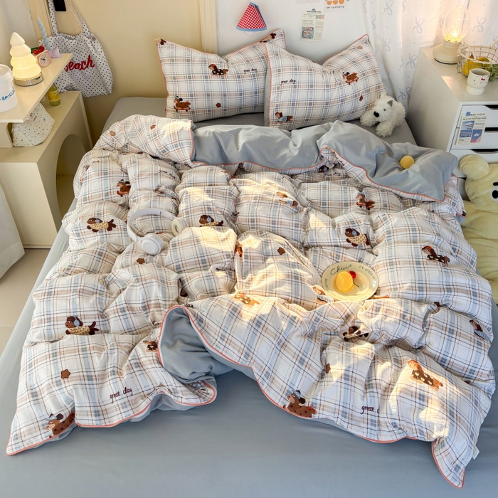 91家纺网 家纺一手货源 找家纺 潮邦创意家居 2025新款云柔棉立体嵌绳款小清新四件套 蓝格萌趣