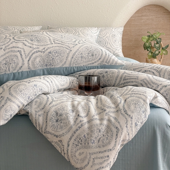 91家纺网 家纺一手货源 找家纺 慕晨 2025新款全棉双层纱四件套莱赛尔夏被莱赛尔夏被四件套天丝夏凉被直播 叶之岭